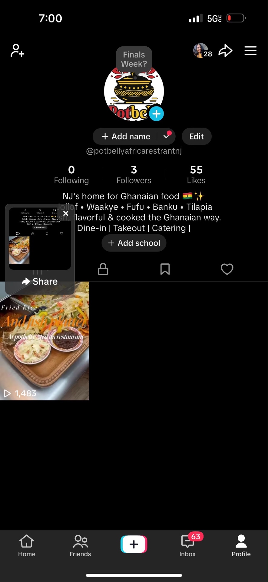 Potbelly African Restaurant profile before — small following