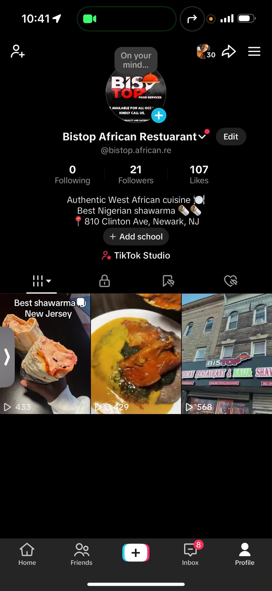 Bistop African Restaurant profile before — small following