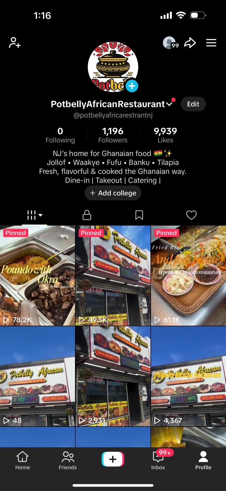 Potbelly African Restaurant profile after — grown following